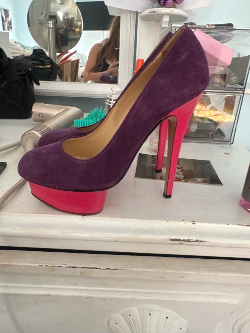 Charlotte Olympia Purple Suede Pumps with Pink Platform Heel